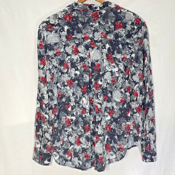 ROCK & REPUBLIC Blouse Floral Black White Button Front Roll Tab Sleeve Womens S - Picture 3 of 9